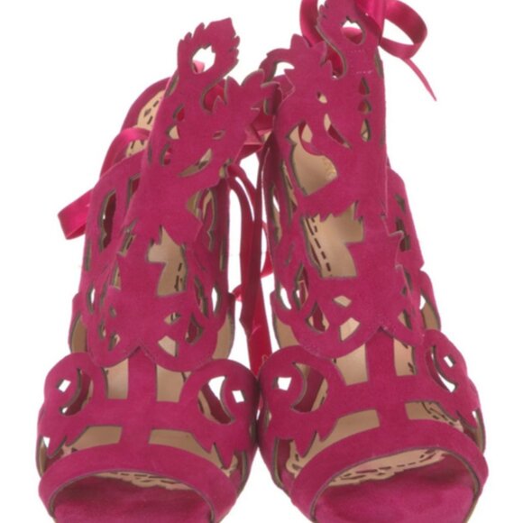 💕 Marchesa “Jessica” Hot Pink Suede Laser-Cut Gladiator Heels Ribbon Lace-Up  8 - Picture 4 of 7